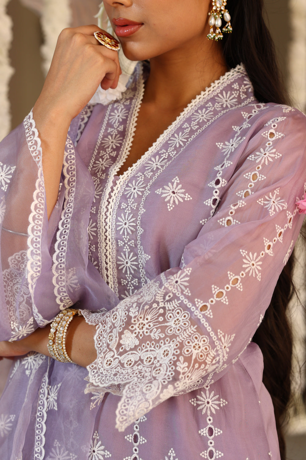 Lavender Chikankari Organza Kurta Set