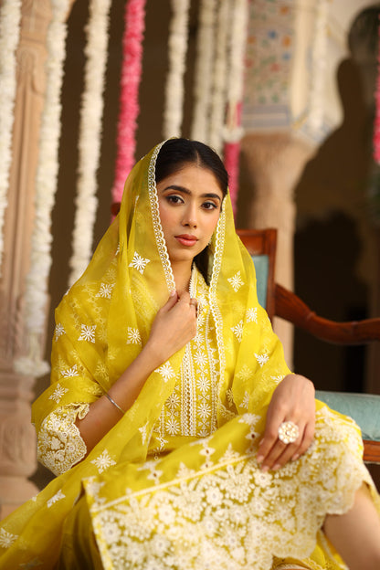 Corn Yellow Chikankari Organza Kurta Set