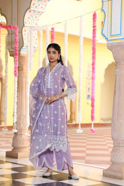 Lavender Chikankari Organza Kurta Set