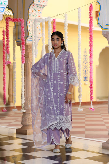 Lavender Chikankari Organza Kurta Set