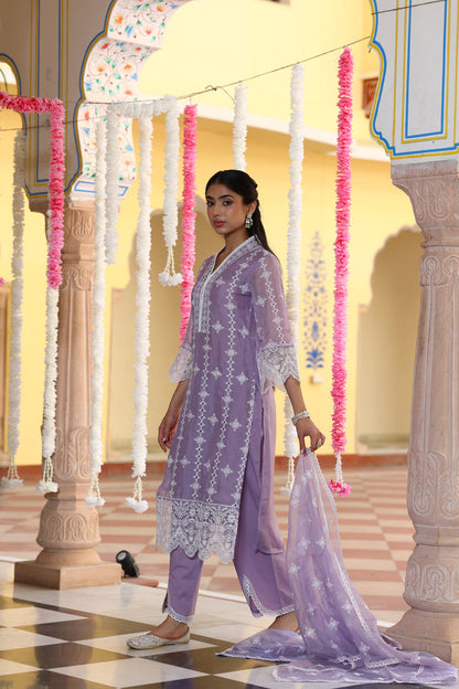 Lavender Chikankari Organza Kurta Set