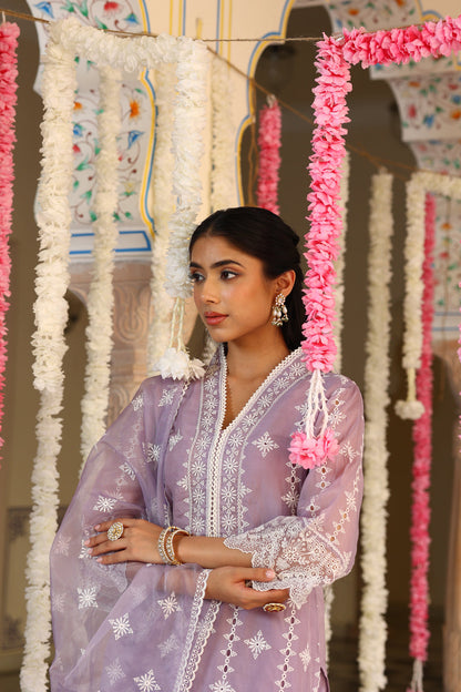 Lavender Chikankari Organza Kurta Set