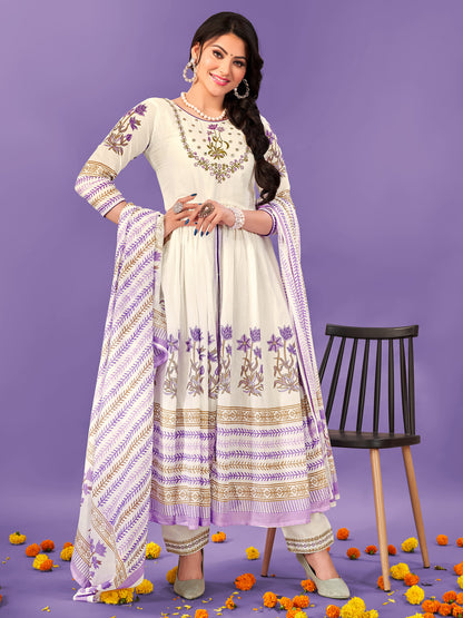 Ivory Bloom Embroidered Anarkali Suit Set with Printed Dupatta