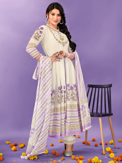Ivory Bloom Embroidered Anarkali Suit Set with Printed Dupatta