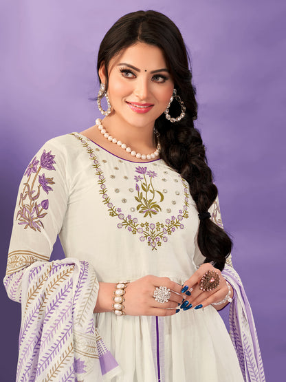 Ivory Bloom Embroidered Anarkali Suit Set with Printed Dupatta