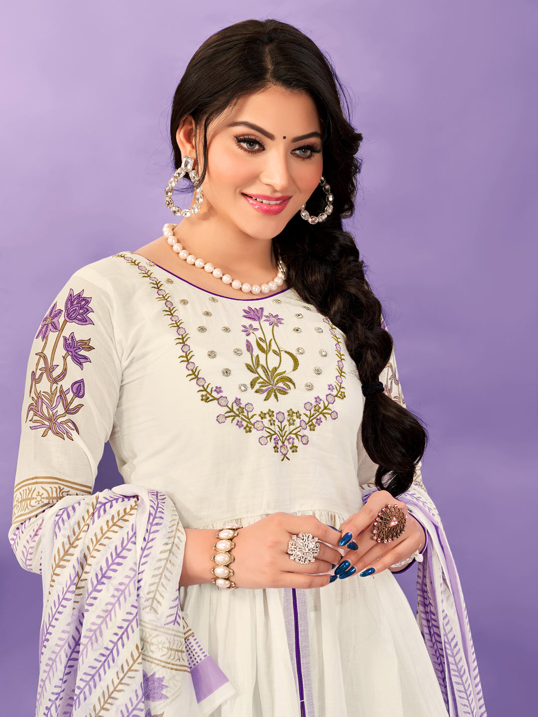 Ivory Bloom Embroidered Anarkali Suit Set with Printed Dupatta