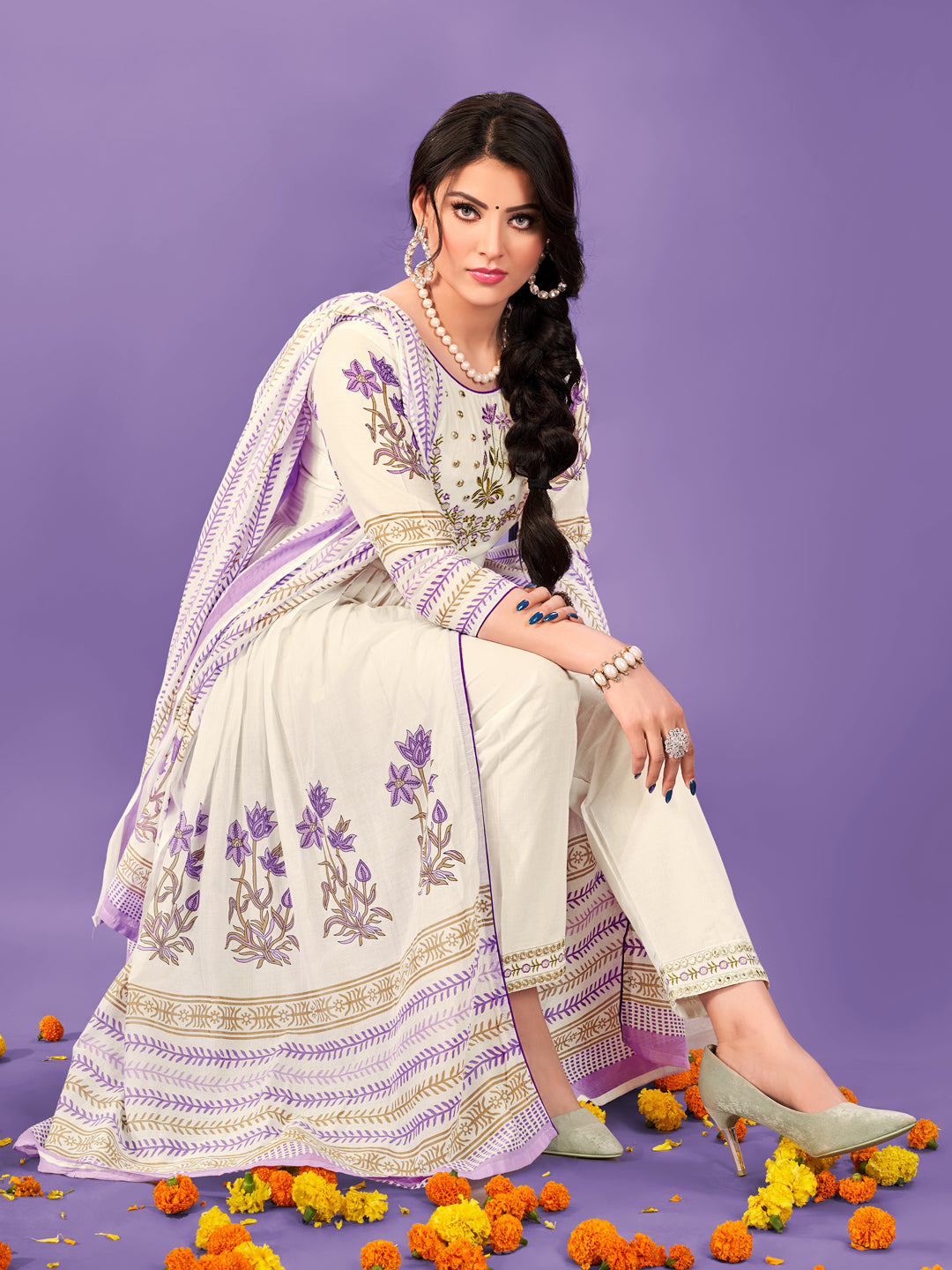 Ivory Bloom Embroidered Anarkali Suit Set with Printed Dupatta