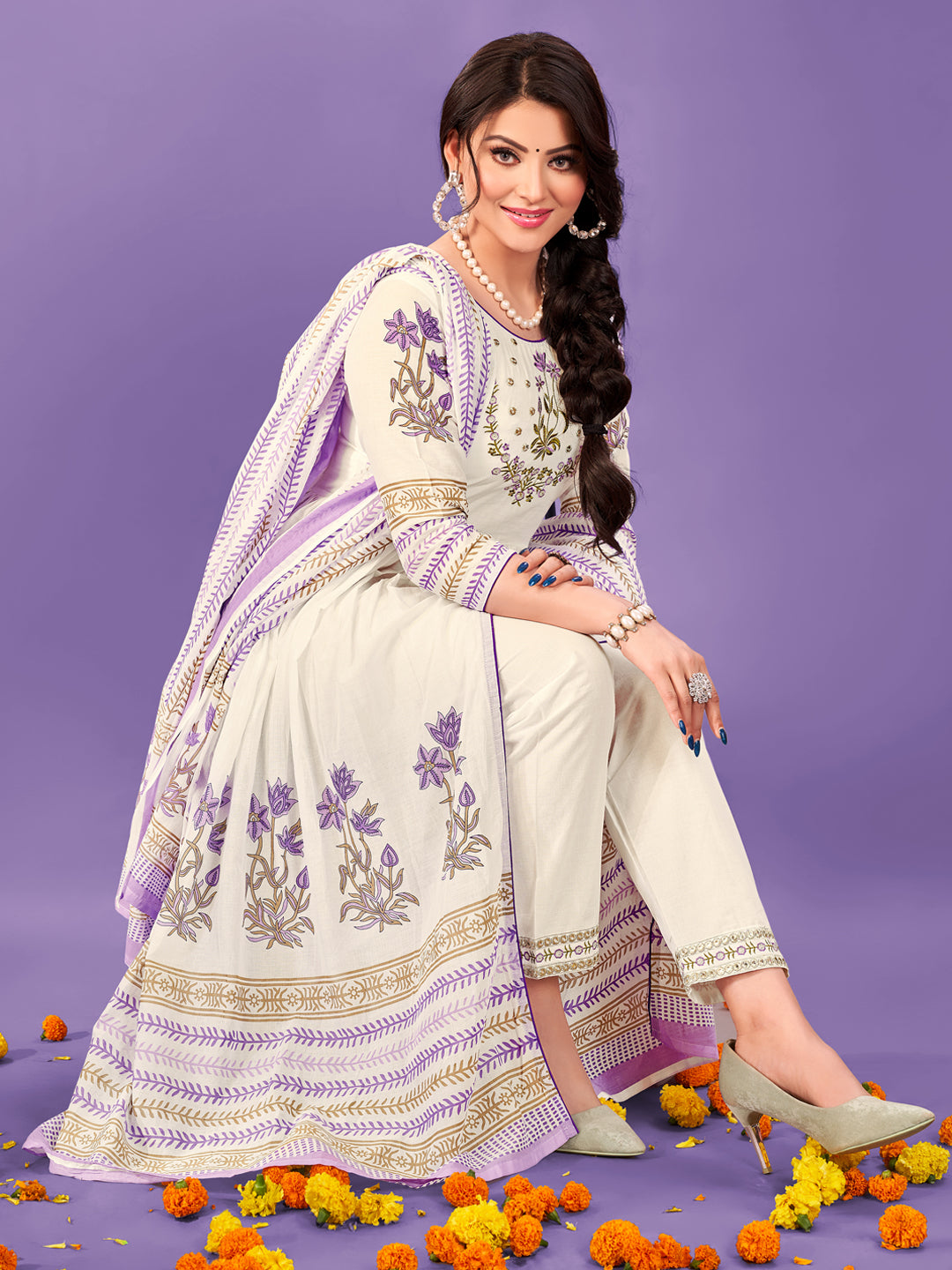 Ivory Bloom Embroidered Anarkali Suit Set with Printed Dupatta