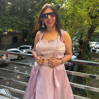 Pale Pink Embellished Shimmer Organza Lehenga Cape Set