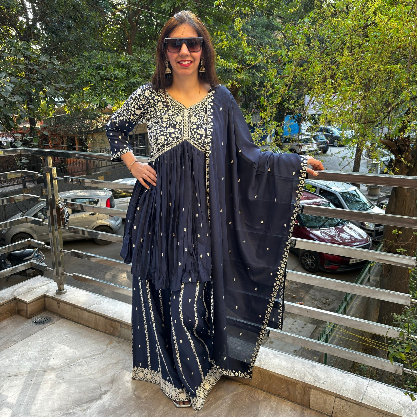 Baani Navy Blue Thread Detailing Sharara Suit