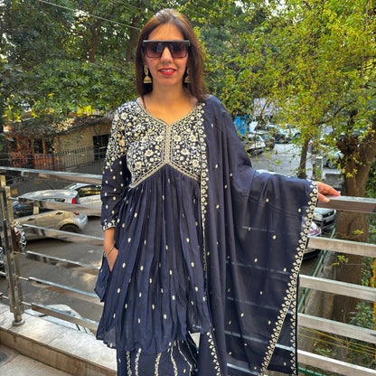 Baani Navy Blue Thread Detailing Sharara Suit