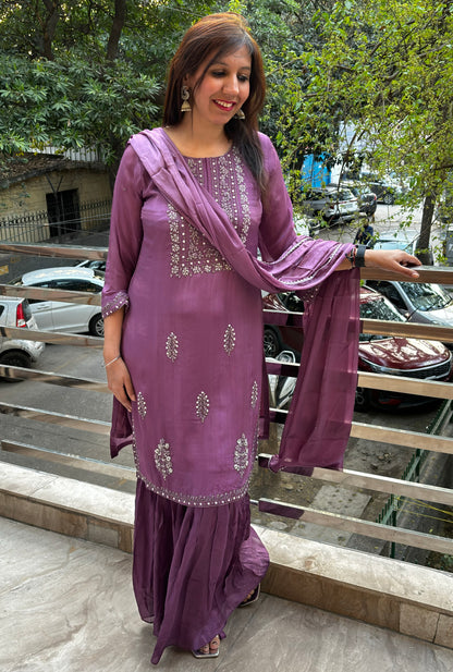 Keerat Lavender Embroidered Sharara Suit