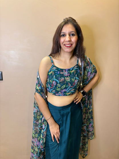 Cowl Drape Skirt with Printed Cape Set