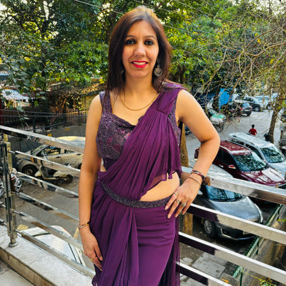 Gazal Purple Drape Saree with Side Cut