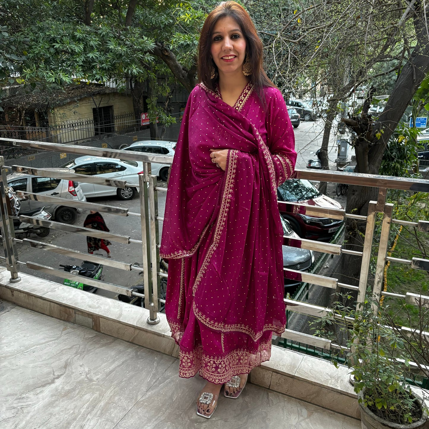Wine Lace Work Anarkali Suit Set