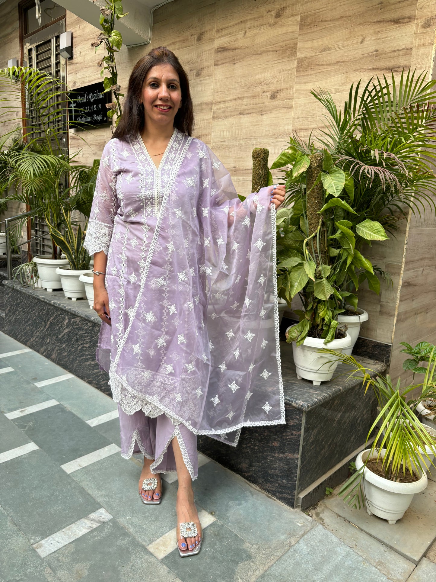 Lavender Chikankari Organza Kurta Set