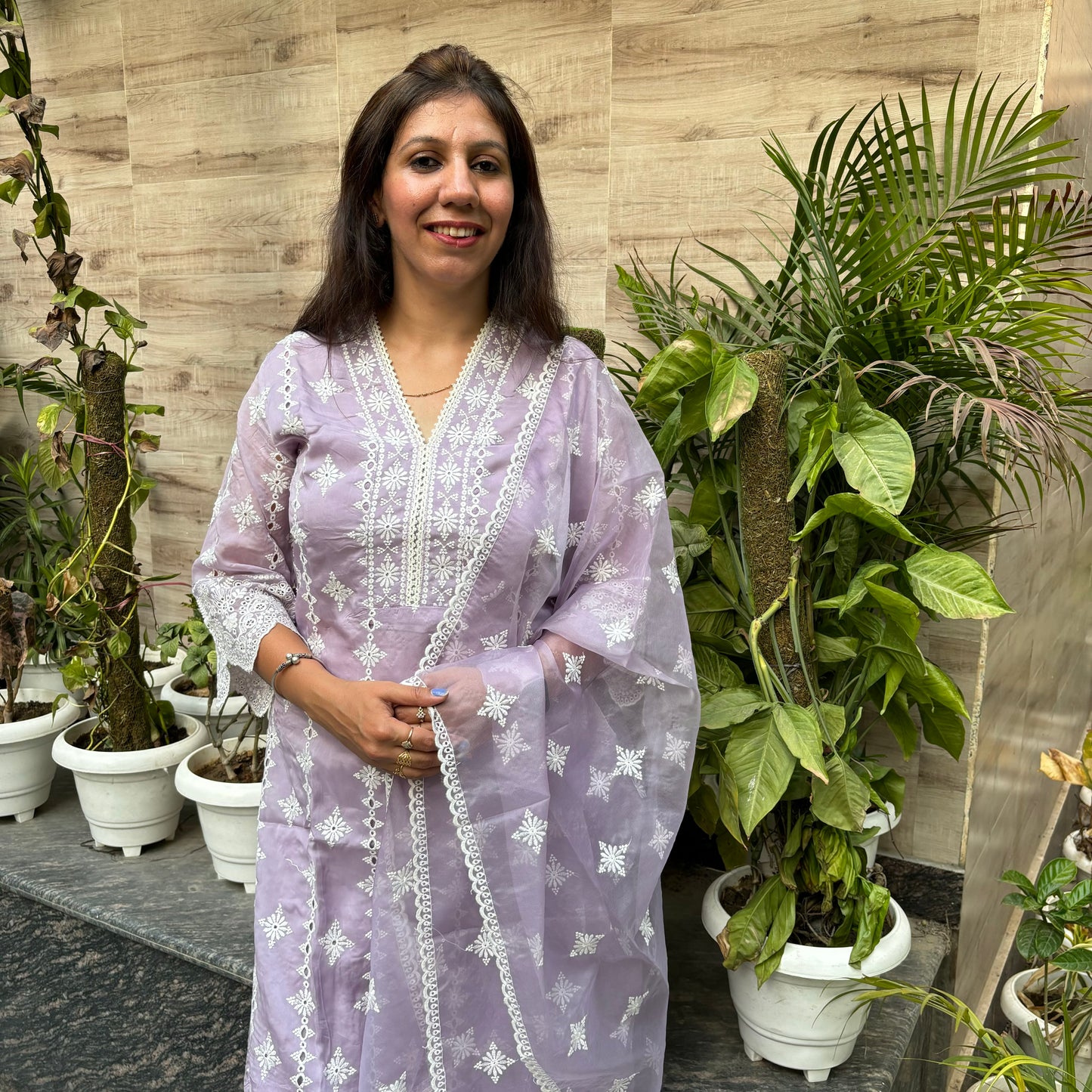 Lavender Chikankari Organza Kurta Set