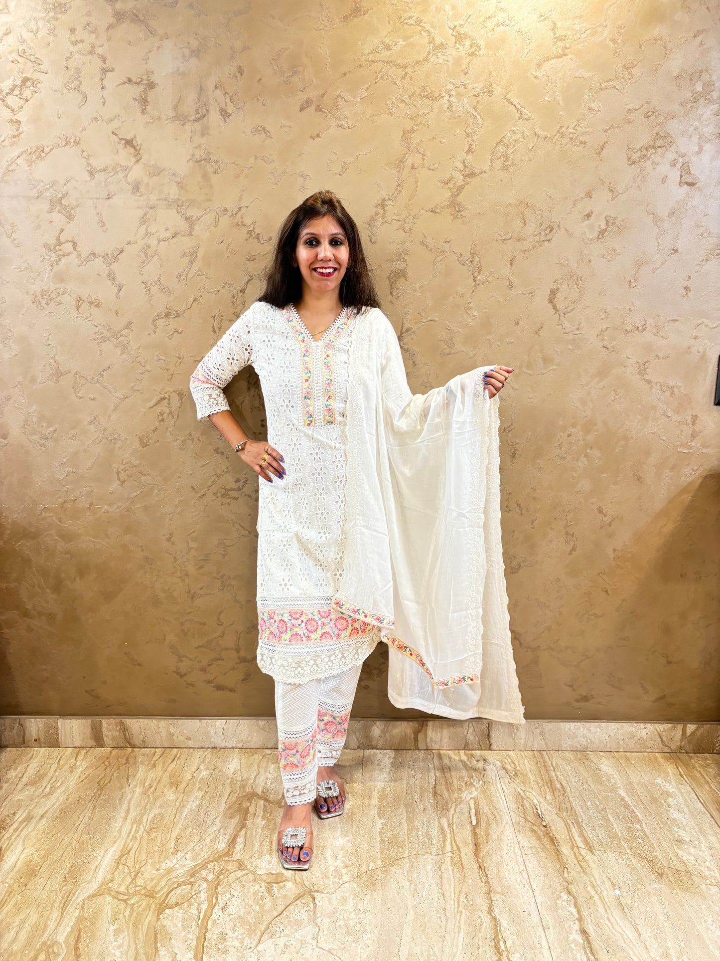 White Hakuba Chikan Kurta Set