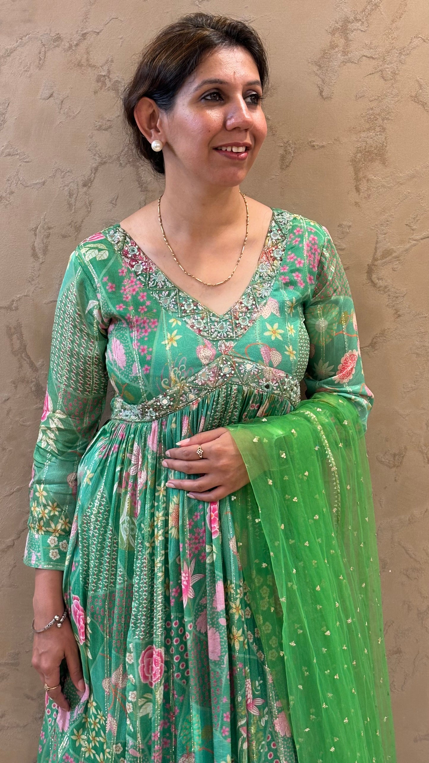 Green Ethnic Printed Anarkali With Dupatta