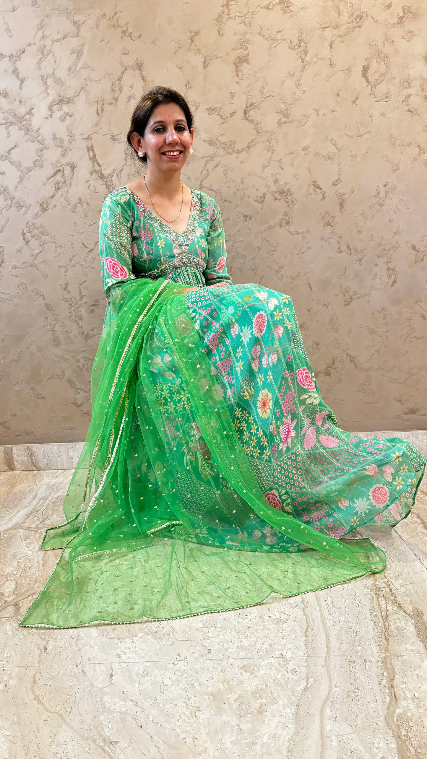 Green Ethnic Printed Anarkali With Dupatta
