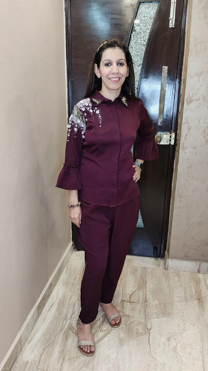 Wine Shoulder Hand Embroidered Co-ord Set