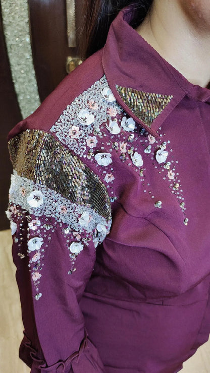 Wine Shoulder Hand Embroidered Co-ord Set
