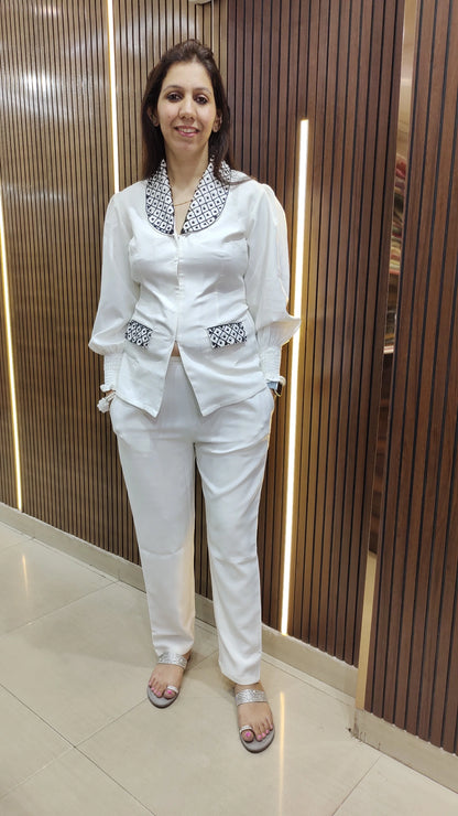 White Embroidered Blazer Co-ord Set