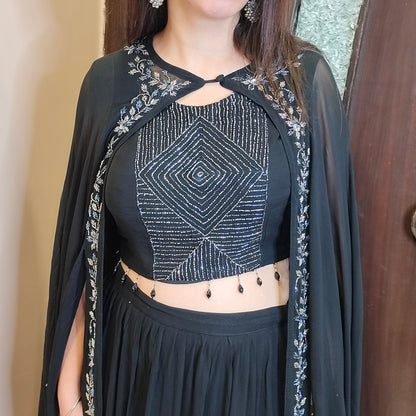 Black Crop Top Skirt with Kaftaan Jacket