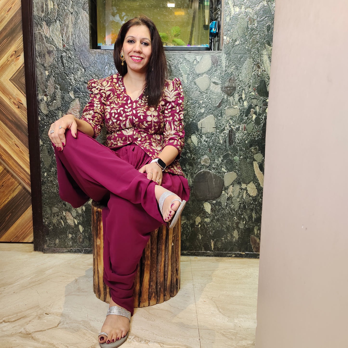 Wine Indo-Western Top with Tulip Pants