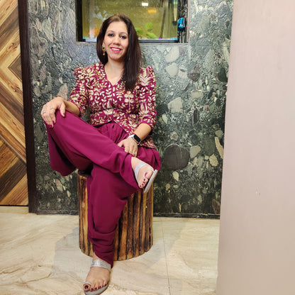 Wine Indo-Western Top with Tulip Pants