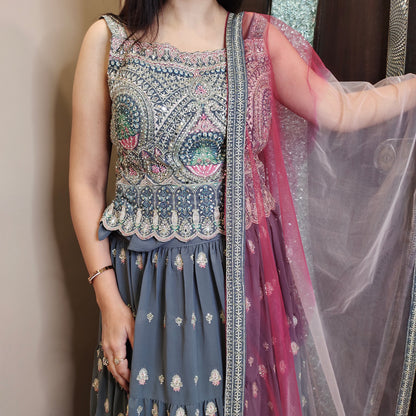 Nargis Embroidered Peplum Top with Skirt