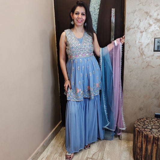 Embroidered Peplum Top with Sharara