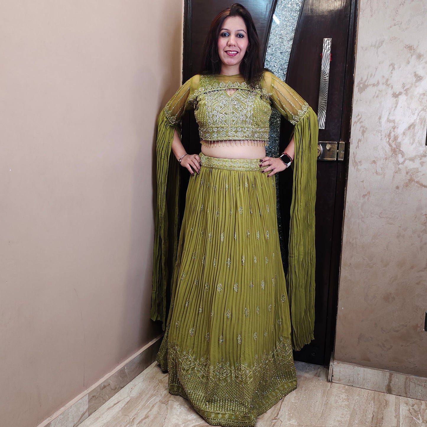 Mehendi Green Crop Top Skirt with Detachable Jacket