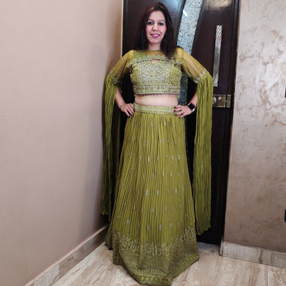 Mehendi Green Crop Top Skirt with Detachable Jacket