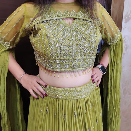 Mehendi Green Crop Top Skirt with Detachable Jacket