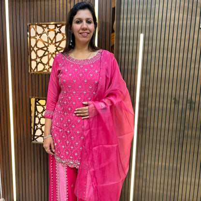 Fuchsia Dream: Embroidered Kurta with Ombre Sharara
