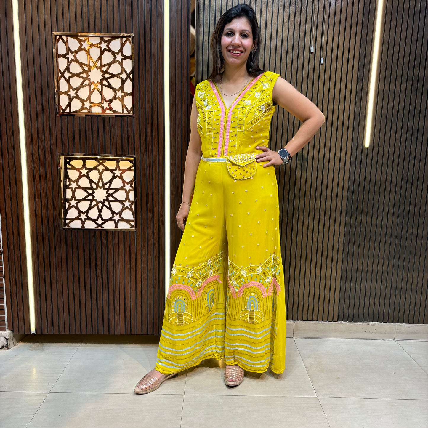 Golden Bloom Hand-Embroidered Yellow Jumpsuit