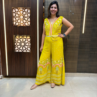 Golden Bloom Hand-Embroidered Yellow Jumpsuit