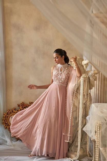 Blush Pink Embroidered Georgette Anarkali Set
