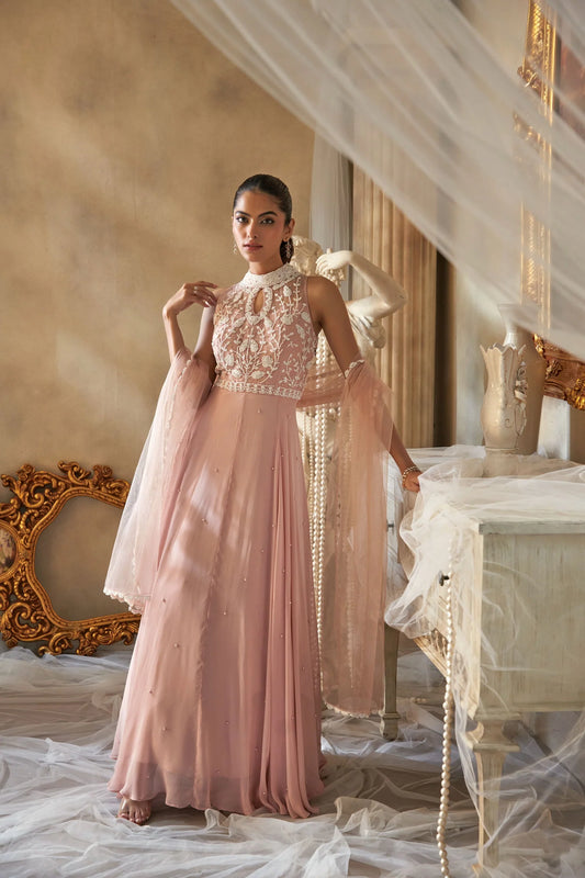 Blush Pink Embroidered Georgette Anarkali Set