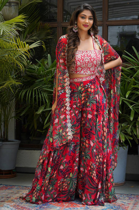 Red Raw Silk Mirror Embroidery Crop Top And Printed Palazzo With Jacket