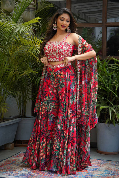 Red Raw Silk Mirror Embroidery Crop Top And Printed Palazzo With Jacket